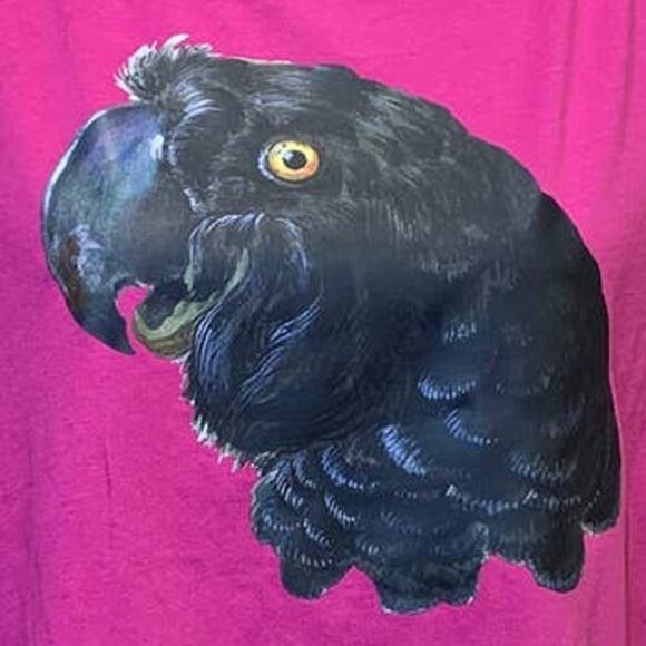 Upcycled Hand Printed Medium Black Parrot Ukraine Artist Peace Fundraiser Tee - Picture 2 of 4
